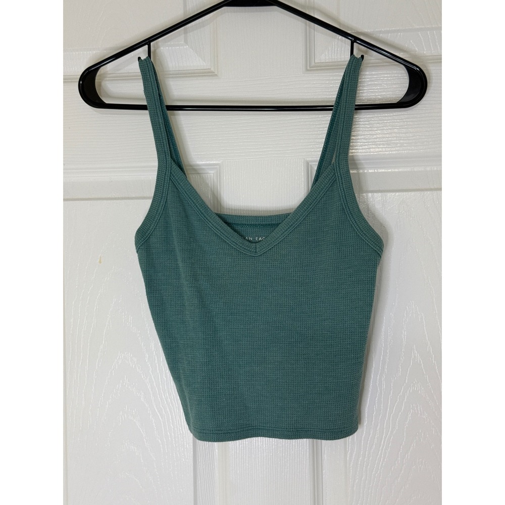American Eagle Thermal Crop Top Women Small Boho Green Earthy Waffle Knit V-Neck